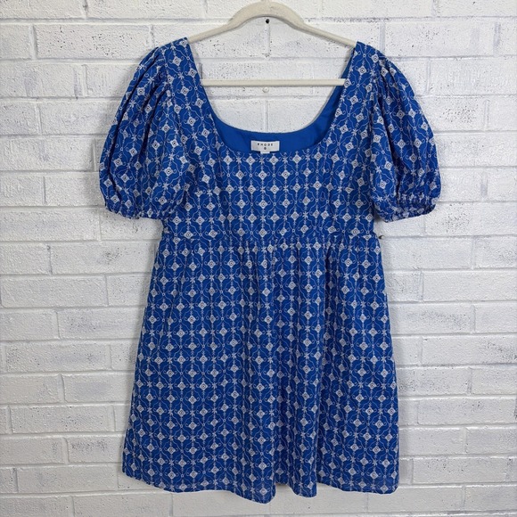 RHODE Dresses & Skirts - Rhode for Target Babydoll Dress M Blue Embroidered Eyelet Puff Sleeves Pockets